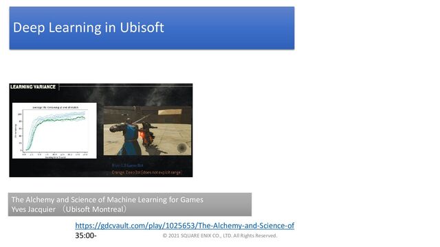 https://gdcvault.com/play/1025653/The-Alchemy-and-Science-of
35:00-
Deep Learning in Ubisoft
© 2021 SQUARE ENIX CO., LTD. All Rights Reserved.
The Alchemy and Science of Machine Learning for Games
Yves Jacquier （Ubisoft Montreal）
