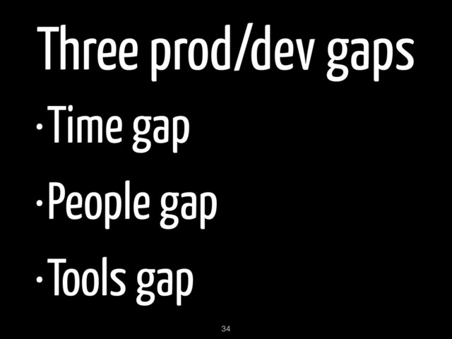Three prod/dev gaps
•Time gap
•People gap
•Tools gap
34
