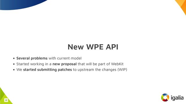 New WPE API
Several problems with current model
Started working in a new proposal that will be part of WebKit
We started submitting patches to upstream the changes (WIP)
18
