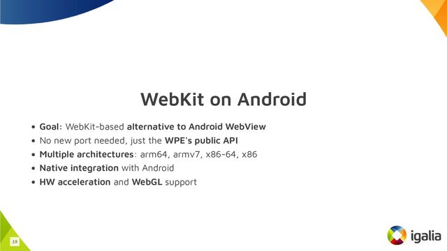 WebKit on Android
Goal: WebKit-based alternative to Android WebView
No new port needed, just the WPE's public API
Multiple architectures: arm64, armv7, x86-64, x86
Native integration with Android
HW acceleration and WebGL support
19
