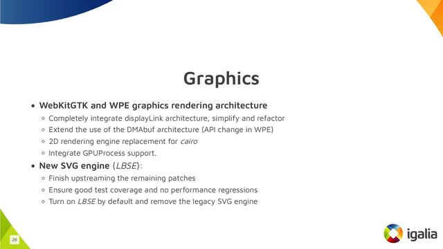 Graphics
WebKitGTK and WPE graphics rendering architecture
Completely integrate displayLink architecture, simplify and refactor
Extend the use of the DMAbuf architecture (API change in WPE)
2D rendering engine replacement for cairo
Integrate GPUProcess support.
New SVG engine (LBSE):
Finish upstreaming the remaining patches
Ensure good test coverage and no performance regressions
Turn on LBSE by default and remove the legacy SVG engine
26
