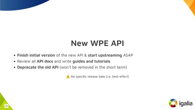 New WPE API
Finish initial version of the new API & start upstreaming ASAP
Review all API docs and write guides and tutorials
Deprecate the old API (won't be removed in the short term)
⚠️ No specific release date (i.e. best-effort)
29

