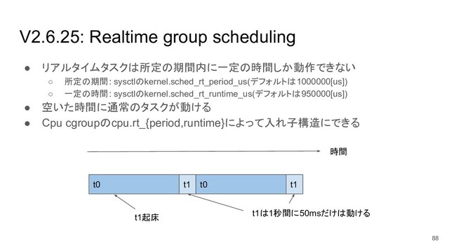 V2.6.25: Realtime group scheduling
● リアルタイムタスクは所定の期間内に一定の時間しか動作できない
○ 所定の期間: sysctlのkernel.sched_rt_period_us(デフォルトは1000000[us])
○ 一定の時間: sysctlのkernel.sched_rt_runtime_us(デフォルトは950000[us])
● 空いた時間に通常のタスクが動ける
● Cpu cgroupのcpu.rt_{period,runtime}によって入れ子構造にできる
88
t0
時間
t1は1秒間に50msだけは動ける
t1 t0 t1
t1起床

