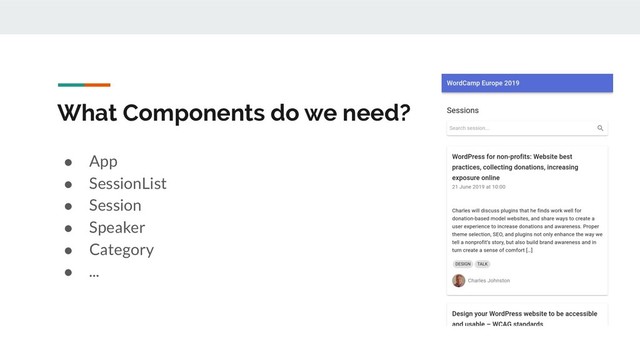 What Components do we need?
● App
● SessionList
● Session
● Speaker
● Category
● ...
