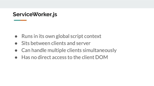 ServiceWorker.js
● Runs in its own global script context
● Sits between clients and server
● Can handle multiple clients simultaneously
● Has no direct access to the client DOM
