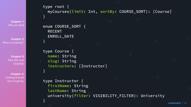 Chapter 1:
APIs are hard
Chapter 2:
What is GraphQL?
Chapter 3:
Why We Love
GraphQL
Chapter 4:
Getting Started
with GraphQL
18
type root {
myCourses(limit: Int, sortBy: COURSE_SORT): [Course]
}
enum COURSE_SORT {
RECENT
ENROLL_DATE
}
type Course {
name: String
slug: String
instructors: [Instructor]
}
type Instructor {
firstName: String
lastName: String
university(filter: VISIBILITY_FILTER): University
}
