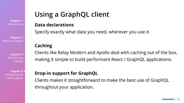 Chapter 1:
APIs are hard
Chapter 2:
What is GraphQL?
Chapter 3:
Why We Love
GraphQL
Chapter 4:
Getting Started
with GraphQL
32
Data declarations
Specify exactly what data you need, wherever you use it.
Caching
Clients like Relay Modern and Apollo deal with caching out of the box,
making it simple to build performant React / GraphQL applications.
Drop-in support for GraphQL
Clients makes it straightforward to make the best use of GraphQL
throughout your application.
Using a GraphQL client
