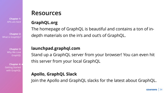 Chapter 1:
APIs are hard
Chapter 2:
What is GraphQL?
Chapter 3:
Why We Love
GraphQL
Chapter 4:
Getting Started
with GraphQL
34
GraphQL.org
The homepage of GraphQL is beautiful and contains a ton of in-
depth materials on the in’s and out’s of GraphQL.
launchpad.graphql.com
Stand up a GraphQL server from your browser! You can even hit
this server from your local GraphQL
Apollo, GraphQL Slack
Join the Apollo and GraphQL slacks for the latest about GraphQL.
Resources

