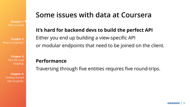 Chapter 1:
APIs are hard
Chapter 2:
What is GraphQL?
Chapter 3:
Why We Love
GraphQL
Chapter 4:
Getting Started
with GraphQL
Some issues with data at Coursera
6
It’s hard for backend devs to build the perfect API
Either you end up building a view-specific API 
or modular endpoints that need to be joined on the client.
Performance 
Traversing through five entities requires five round-trips.
