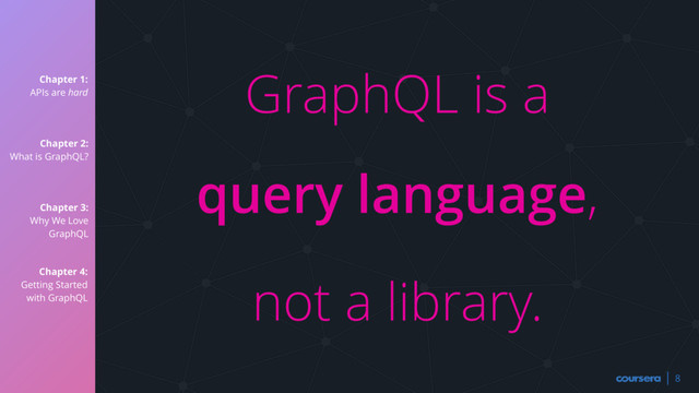 Chapter 1:
APIs are hard
Chapter 2:
What is GraphQL?
Chapter 3:
Why We Love
GraphQL
Chapter 4:
Getting Started
with GraphQL
8
GraphQL is a 
query language,
not a library.
