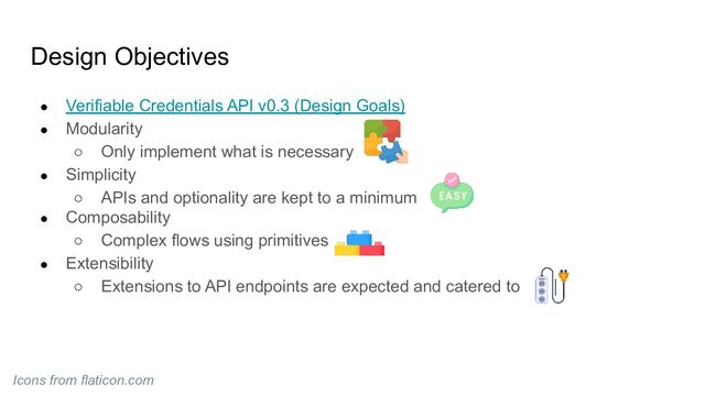 Design Objectives
● Verifiable Credentials API v0.3 (Design Goals)
● Modularity
○ Only implement what is necessary
● Simplicity
○ APIs and optionality are kept to a minimum
● Composability
○ Complex flows using primitives
● Extensibility
○ Extensions to API endpoints are expected and catered to
Icons from flaticon.com
