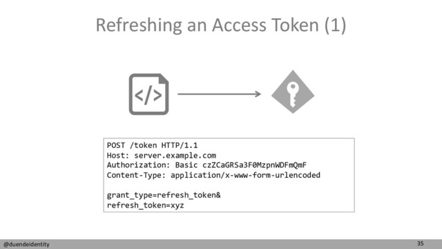 35
@duendeidentity
Refreshing an Access Token (1)
POST /token HTTP/1.1
Host: server.example.com
Authorization: Basic czZCaGRSa3F0MzpnWDFmQmF
Content-Type: application/x-www-form-urlencoded
grant_type=refresh_token&
refresh_token=xyz
