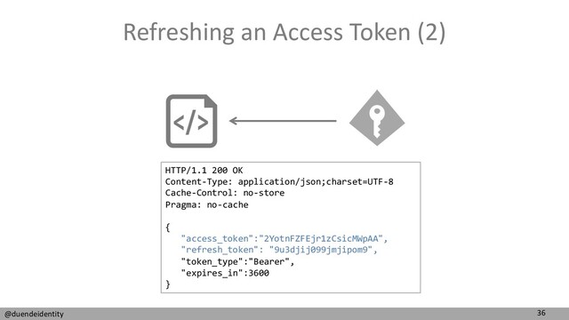 36
@duendeidentity
Refreshing an Access Token (2)
HTTP/1.1 200 OK
Content-Type: application/json;charset=UTF-8
Cache-Control: no-store
Pragma: no-cache
{
"access_token":"2YotnFZFEjr1zCsicMWpAA",
"refresh_token": "9u3djij099jmjipom9",
"token_type":"Bearer",
"expires_in":3600
}
