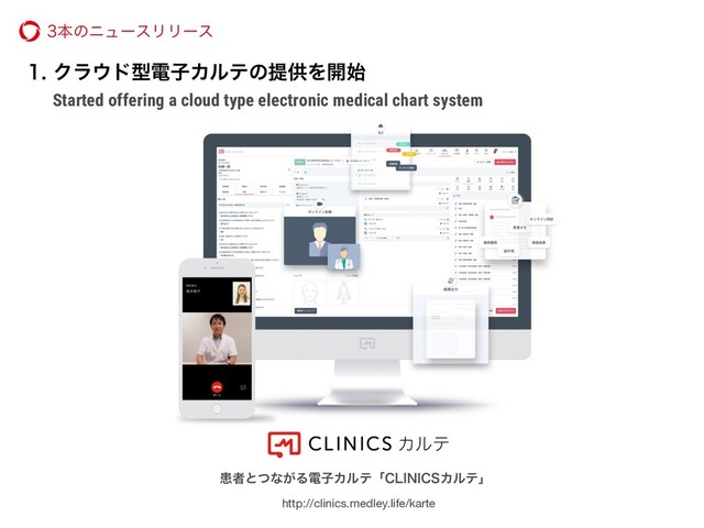 Ϋϥ΢υܕిࢠΧϧςͷఏڙΛ։࢝
ױऀͱͭͳ͕ΔిࢠΧϧςʮ$-*/*$4Χϧςʯ
ຊͷχϡʔεϦϦʔε
http://clinics.medley.life/karte
Started offering a cloud type electronic medical chart system
