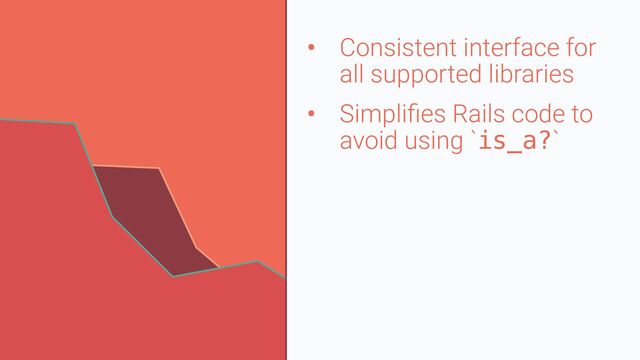 • Consistent interface for
all supported libraries


• Simpli
fi
es Rails code to
avoid using `is_a?`
