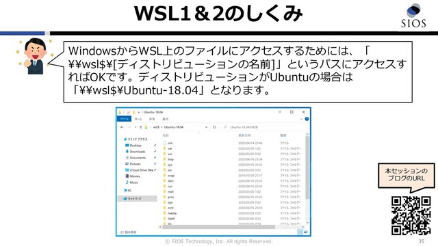 © SIOS Technology, Inc. All rights Reserved.
WSL1＆2のしくみ
35
本セッションの
ブログのURL
WindowsからWSL上のファイルにアクセスするためには、「
\\wsl$\[ディストリビューションの名前]」というパスにアクセスす
ればOKです。ディストリビューションがUbuntuの場合は
「\\wsl$\Ubuntu-18.04」となります。
