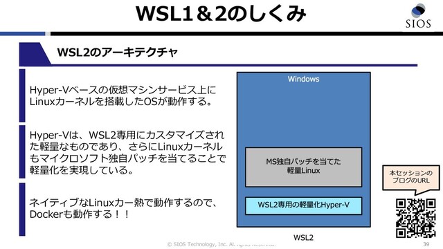 © SIOS Technology, Inc. All rights Reserved.
WSL1＆2のしくみ
39
本セッションの
ブログのURL
WSL2のアーキテクチャ
Hyper-Vベースの仮想マシンサービス上に
Linuxカーネルを搭載したOSが動作する。
Hyper-Vは、WSL2専⽤にカスタマイズされ
た軽量なものであり、さらにLinuxカーネル
もマイクロソフト独⾃パッチを当てることで
軽量化を実現している。
ネイティブなLinuxカー熱で動作するので、
Dockerも動作する︕︕
