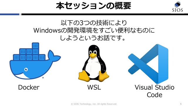 © SIOS Technology, Inc. All rights Reserved.
本セッションの概要
5
以下の3つの技術により
Windowsの開発環境をすごい便利なものに
しようというお話です。
Docker WSL Visual Studio
Code
