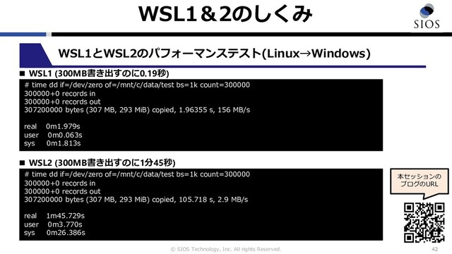 © SIOS Technology, Inc. All rights Reserved.
WSL1＆2のしくみ
42
本セッションの
ブログのURL
WSL1とWSL2のパフォーマンステスト(Linux→Windows)
■ WSL1 (300MB書き出すのに0.19秒)
# time dd if=/dev/zero of=/mnt/c/data/test bs=1k count=300000
300000+0 records in
300000+0 records out
307200000 bytes (307 MB, 293 MiB) copied, 1.96355 s, 156 MB/s
real 0m1.979s
user 0m0.063s
sys 0m1.813s
■ WSL2 (300MB書き出すのに1分45秒)
# time dd if=/dev/zero of=/mnt/c/data/test bs=1k count=300000
300000+0 records in
300000+0 records out
307200000 bytes (307 MB, 293 MiB) copied, 105.718 s, 2.9 MB/s
real 1m45.729s
user 0m3.770s
sys 0m26.386s
