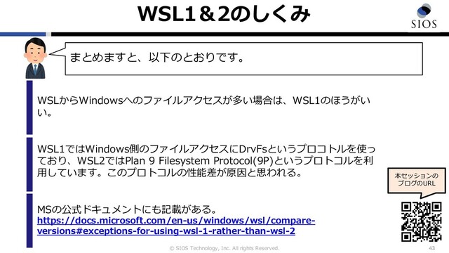 © SIOS Technology, Inc. All rights Reserved.
WSL1＆2のしくみ
43
本セッションの
ブログのURL
まとめますと、以下のとおりです。
WSLからWindowsへのファイルアクセスが多い場合は、WSL1のほうがい
い。
WSL1ではWindows側のファイルアクセスにDrvFsというプロコトルを使っ
ており、WSL2ではPlan 9 Filesystem Protocol(9P)というプロトコルを利
⽤しています。このプロトコルの性能差が原因と思われる。
MSの公式ドキュメントにも記載がある。
https://docs.microsoft.com/en-us/windows/wsl/compare-
versions#exceptions-for-using-wsl-1-rather-than-wsl-2
