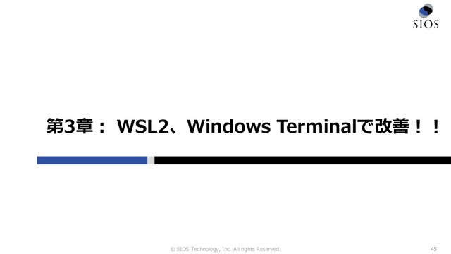© SIOS Technology, Inc. All rights Reserved.
第3章︓ WSL2、Windows Terminalで改善︕︕
45
