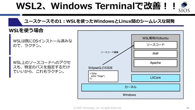 © SIOS Technology, Inc. All rights Reserved.
WSL2、Windows Terminalで改善︕︕
48
ユースケースその1︓WSLを使ったWindowsとLinux間のシームレスな開発
WSLを使う場合
WSLは既にOSインストール済みな
ので、ラクチン。
WSL上のソースコードへのアクセ
スも、特定のパスを指定するだけ
でいいから、これもラクチン。
