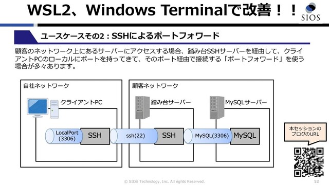 © SIOS Technology, Inc. All rights Reserved.
WSL2、Windows Terminalで改善︕︕
53
本セッションの
ブログのURL
ユースケースその2︓SSHによるポートフォワード
顧客のネットワーク上にあるサーバーにアクセスする場合、踏み台SSHサーバーを経由して、クライ
アントPCのローカルにポートを持ってきて、そのポート経由で接続する「ポートフォワード」を使う
場合が多々あります。
