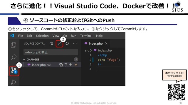 © SIOS Technology, Inc. All rights Reserved.
さらに進化︕︕Visual Studio Code、Dockerで改善︕︕
93
本セッションの
ブログのURL
④ ソースコードの修正およびGitへのPush
①をクリックして、Commitのコメントを⼊⼒し、②をクリックしてCommitします。
