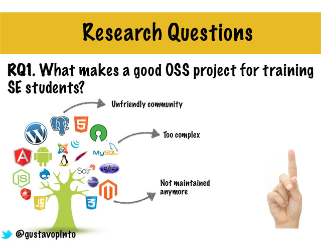 RQ1. What makes a good OSS project for training
SE students?
Research Questions
Too complex
Not maintained
anymore
Unfriendly community
@gustavopinto
