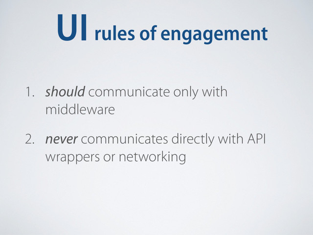 UIrules of engagement
1. should communicate only with
middleware
2. never communicates directly with API
wrappers or networking
