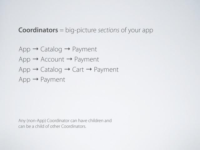Coordinators = big-picture sections of your app
Any (non-App) Coordinator can have children and
can be a child of other Coordinators.
App → Catalog → Payment
App → Account → Payment
App → Catalog → Cart → Payment
App → Payment
