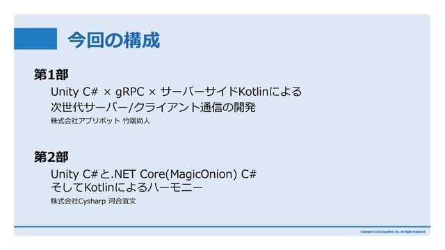 今回の構成
第1部
Unity C# × gRPC × サーバーサイドKotlinによる
次世代サーバー/クライアント通信の開発
株式会社アプリボット ⽵端尚⼈
第2部
Unity C#と.NET Core(MagicOnion) C#
そしてKotlinによるハーモニー
株式会社Cysharp 河合宜⽂

