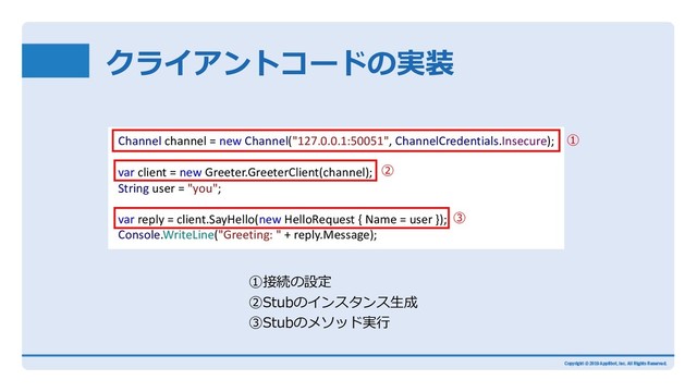 クライアントコードの実装
①接続の設定
②Stubのインスタンス⽣成
③Stubのメソッド実⾏
Channel channel = new Channel("127.0.0.1:50051", ChannelCredentials.Insecure);
var client = new Greeter.GreeterClient(channel);
String user = "you";
var reply = client.SayHello(new HelloRequest { Name = user });
Console.WriteLine("Greeting: " + reply.Message);
①
②
③
