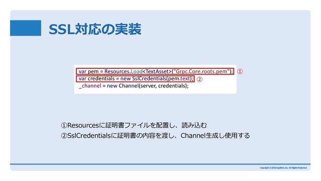 SSL対応の実装
①Resourcesに証明書ファイルを配置し、読み込む
②SslCredentialsに証明書の内容を渡し、Channel⽣成し使⽤する
var pem = Resources.Load("Grpc.Core.roots.pem");
var credentials = new SslCredentials(pem.text);
_channel = new Channel(server, credentials);
①
②

