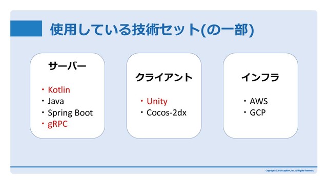 使⽤している技術セット(の⼀部)
サーバー
・Kotlin
・Java
・Spring Boot
・gRPC
クライアント
・Unity
・Cocos-2dx
インフラ
・AWS
・GCP

