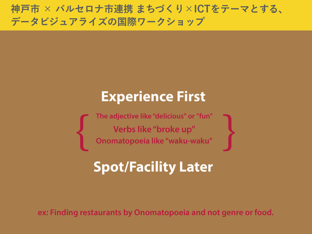 \ ^
The adjective like “delicious" or "fun"
Verbs like “broke up"
Onomatopoeia like “waku-waku"
Spot/Facility Later
Experience First
ex: Finding restaurants by Onomatopoeia and not genre or food.
ਆށࢢʷόϧηϩφࢢ࿈ܞ·ͪͮ͘Γʷ*$5ΛςʔϚͱ͢Δɺ
σʔλϏδϡΞϥΠζͷࠃࡍϫʔΫγϣοϓ
