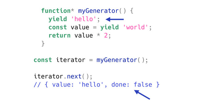 function* myGenerator() {
yield 'hello';
const value = yield 'world';
return value * 2;
}
const iterator = myGenerator();
iterator.next();
// { value: 'hello', done: false }
