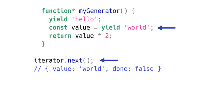 function* myGenerator() {
yield 'hello';
const value = yield 'world';
return value * 2;
}
iterator.next();
// { value: 'world', done: false }
