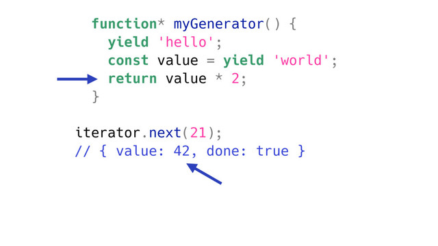 function* myGenerator() {
yield 'hello';
const value = yield 'world';
return value * 2;
}
iterator.next(21);
// { value: 42, done: true }
