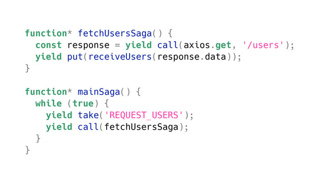 function* fetchUsersSaga() {
const response = yield call(axios.get, '/users');
yield put(receiveUsers(response.data));
}
function* mainSaga() {
while (true) {
yield take('REQUEST_USERS');
yield call(fetchUsersSaga);
}
}
