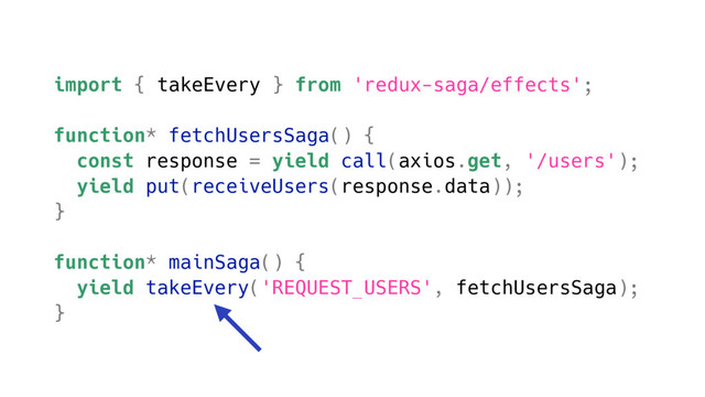 import { takeEvery } from 'redux-saga/effects';
function* fetchUsersSaga() {
const response = yield call(axios.get, '/users');
yield put(receiveUsers(response.data));
}
function* mainSaga() {
yield takeEvery('REQUEST_USERS', fetchUsersSaga);
}
