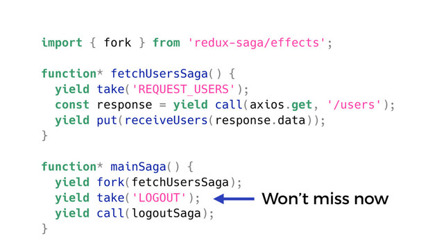 import { fork } from 'redux-saga/effects';
function* fetchUsersSaga() {
yield take('REQUEST_USERS');
const response = yield call(axios.get, '/users');
yield put(receiveUsers(response.data));
}
function* mainSaga() {
yield fork(fetchUsersSaga);
yield take('LOGOUT');
yield call(logoutSaga);
}
Won’t miss now
