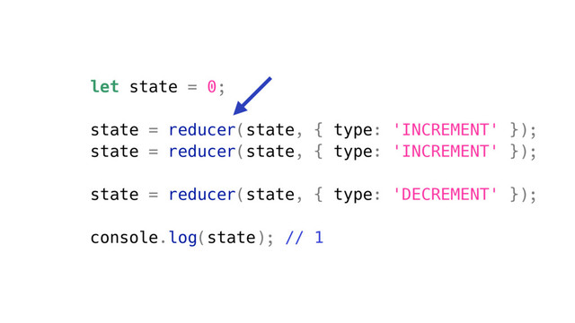 let state = 0;
state = reducer(state, { type: 'INCREMENT' });
state = reducer(state, { type: 'INCREMENT' });
state = reducer(state, { type: 'DECREMENT' });
console.log(state); // 1
