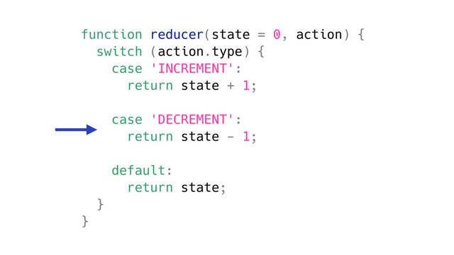 function reducer(state = 0, action) {
switch (action.type) {
case 'INCREMENT':
return state + 1;
case 'DECREMENT':
return state - 1;
default:
return state;
}
}
