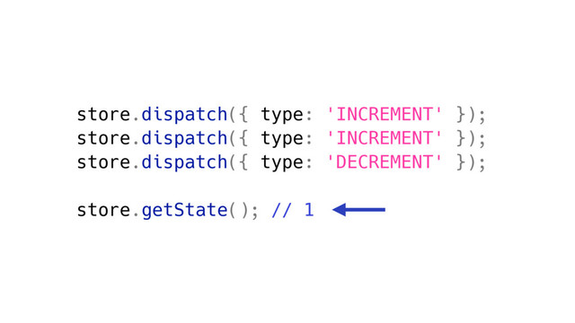 store.dispatch({ type: 'INCREMENT' });
store.dispatch({ type: 'INCREMENT' });
store.dispatch({ type: 'DECREMENT' });
store.getState(); // 1
