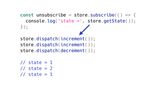 const unsubscribe = store.subscribe(() => {
console.log('state =', store.getState());
});
store.dispatch(increment());
store.dispatch(increment());
store.dispatch(decrement());
// state = 1
// state = 2
// state = 1
