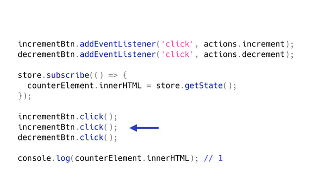 incrementBtn.addEventListener('click', actions.increment);
decrementBtn.addEventListener('click', actions.decrement);
store.subscribe(() => {
counterElement.innerHTML = store.getState();
});
incrementBtn.click();
incrementBtn.click();
decrementBtn.click();
console.log(counterElement.innerHTML); // 1
