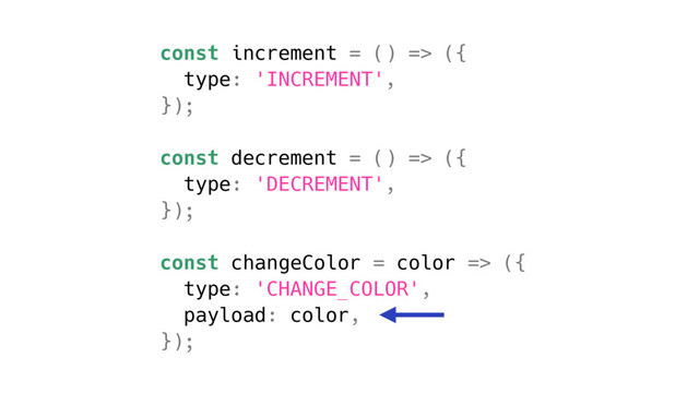 const increment = () => ({
type: 'INCREMENT',
});
const decrement = () => ({
type: 'DECREMENT',
});
const changeColor = color => ({
type: 'CHANGE_COLOR',
payload: color,
});
