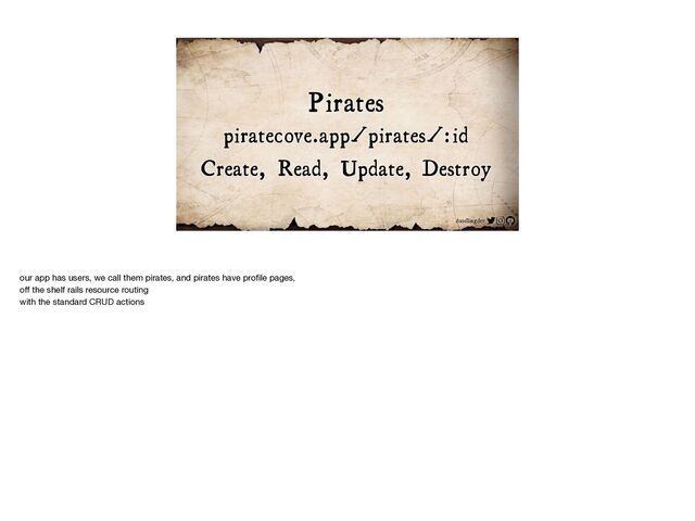 doodlingdev
Pirates
Create, Read, Update, Destroy
piratecove.app/pirates/:id
our app has users, we call them pirates, and pirates have pro
fi
le pages,

o
ff
the shelf rails resource routing

with the standard CRUD actions

